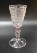 A late 18th century Dutch wheel engraved conical bowl glass goblet, 19cm