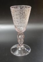 A late 18th century Dutch wheel engraved conical bowl glass goblet, 19cm