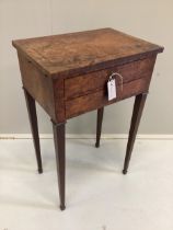 A 19th century bird's eye maple two drawer work table, width 45cm, depth 32cm, height 72cm