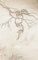 Chinese School, watercolour on card, Monkeys on a branch, with red seal marks, 50 x 32cm, unframed