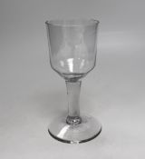 An English lead crystal goblet, c.1740-50, with blue tinge, the large ogee bowl is tool marked,