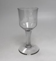 An English lead crystal goblet, c.1740-50, with blue tinge, the large ogee bowl is tool marked,