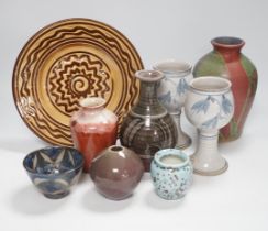 A group of European and Japanese studio pottery dishes, bowls and vases including a Boscastle R
