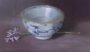 Christine (Christie) Birchall SWA (Contemporary) pastel, Chinese bowl and bluebells, signed, details