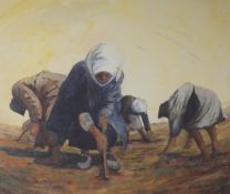 Valerie Shepherd (20th. C) monotype and watercolour, 'The Peanut Gatherers, Cyprus', signed, 33 x
