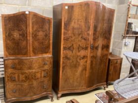 A Queen Anne revival serpentine figured walnut three piece bedroom suite