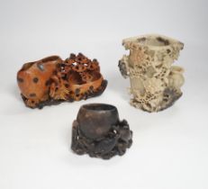 Three early 20th century Chinese soapstone vases, tallest 14cm