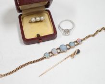 A yellow metal and graduated five stone oval white opal set bracelet, 16.5cm, a yellow metal opal