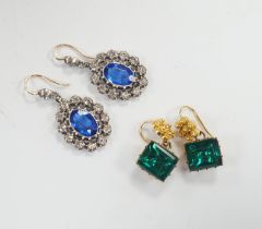 A pair of yellow metal and foil backed green paste set drop earrings, 11mm and a pair of blue and