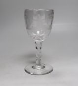 An English lead crystal facet stem goblet, c.1780, round funnel bowl, with hexagonal facet stem,