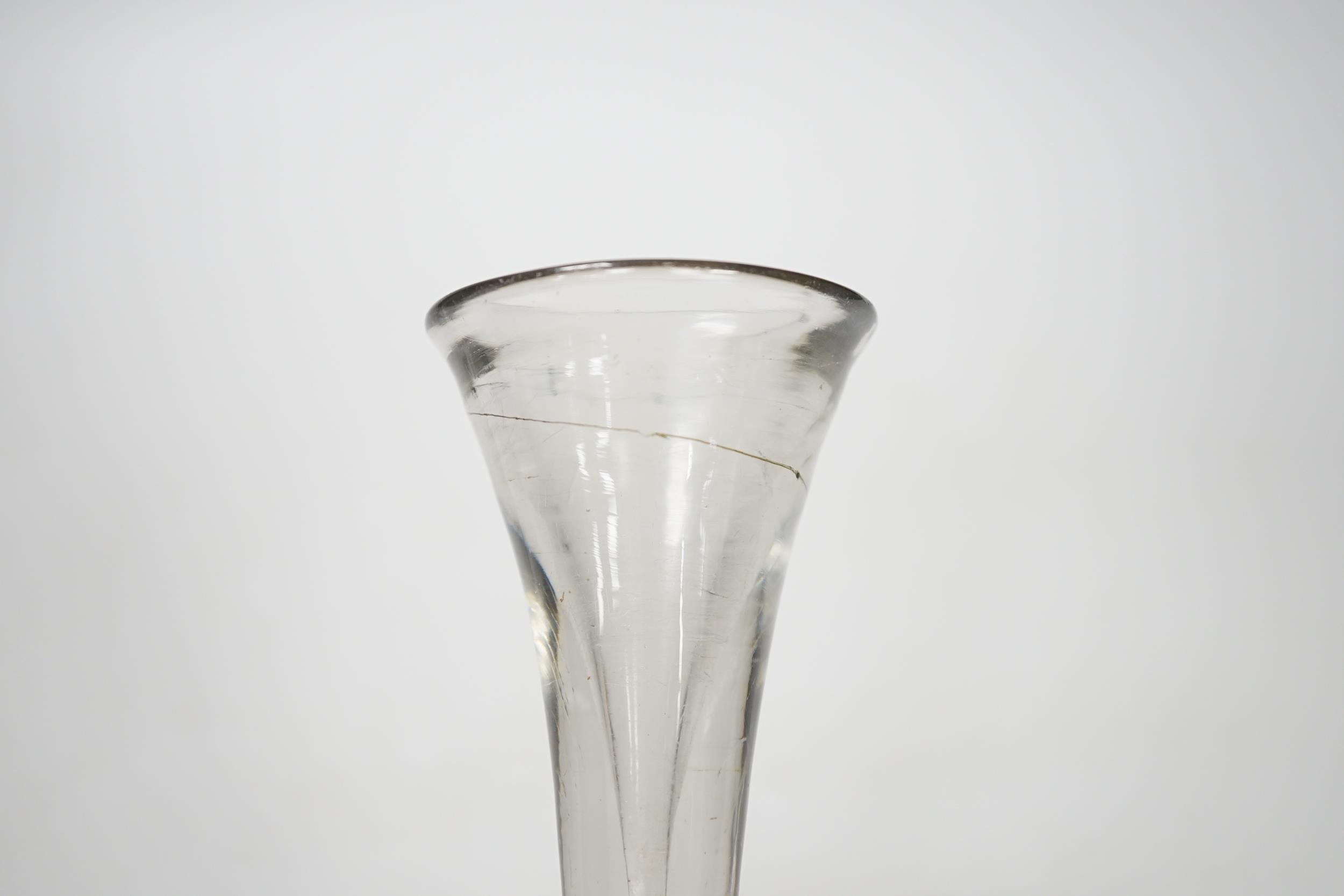 An English lead crystal baluster toastmaster’s glass, c.1710-20, elongated trumpet deceptive bowl on - Image 3 of 5