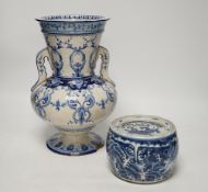 A Chinese blue and white jar and cover, Xuande mark, probably late Qing and a French faience vase (