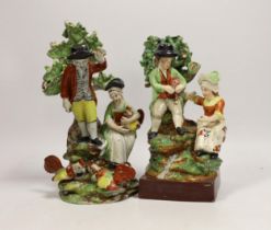 Two Staffordshire groups of couples beside chickens and a stream, c.1820-30 and mid 19th century,