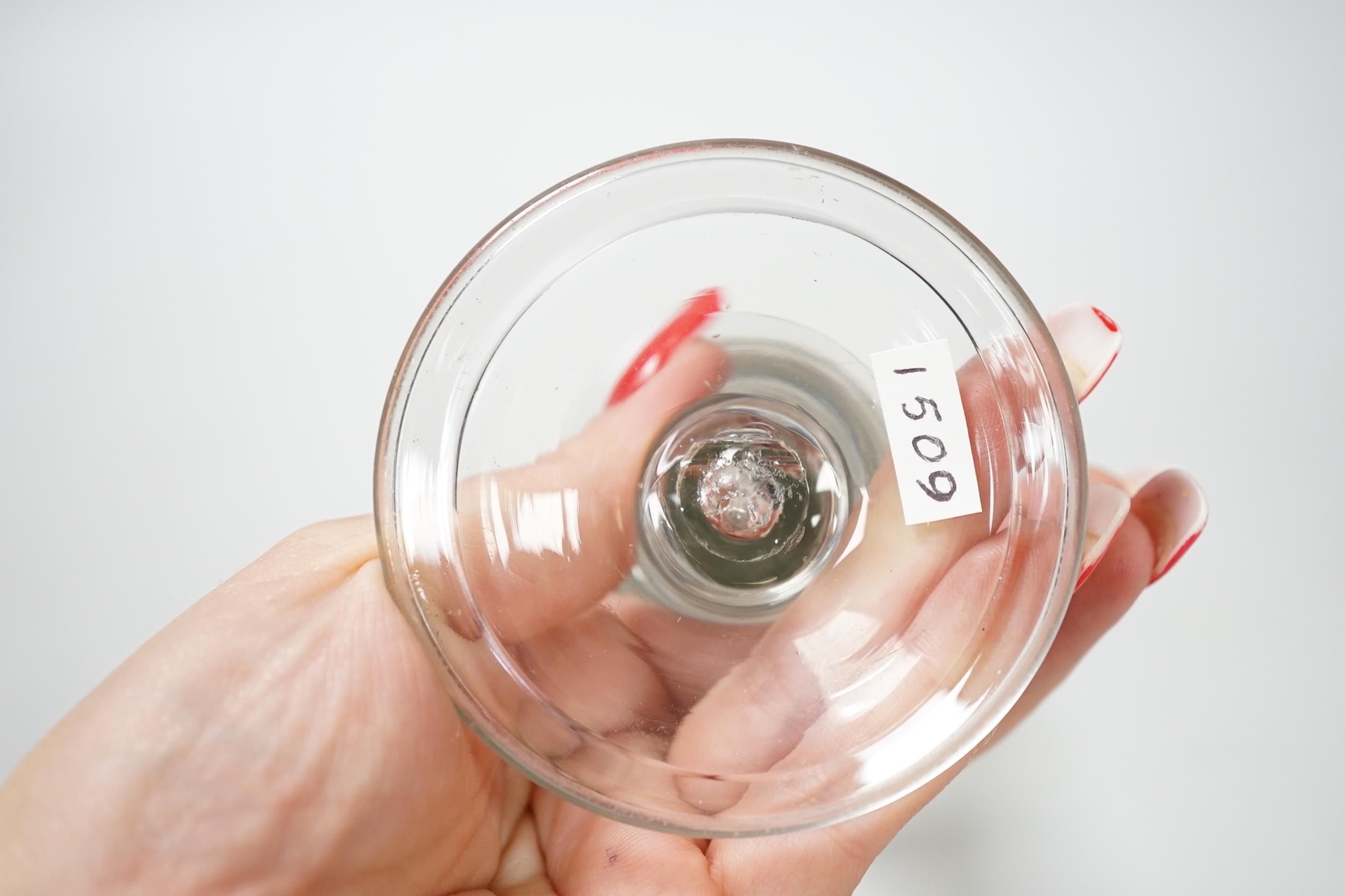 An English lead crystal baluster toastmaster’s glass, c.1710-20, elongated trumpet deceptive bowl on - Image 5 of 5