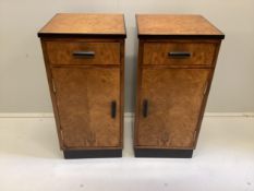 A pair of Art Deco style walnut and bird's eye maple bedside cabinets, width 36cm, depth 37cm,