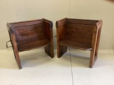 A pair of Victorian pitch pine brass mounted pew seats, width 78cm, depth 48cm, height 83cm