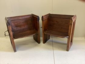 A pair of Victorian pitch pine brass mounted pew seats, width 78cm, depth 48cm, height 83cm