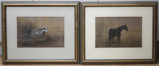 John Naylor (b.1960) pair of pastels, Studies of a badger and a horse, each signed and dated '89, 36