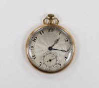 A 1920's Swiss 9ct gold open face keyless dress pocket watch, with Arabic dial and subsidiary