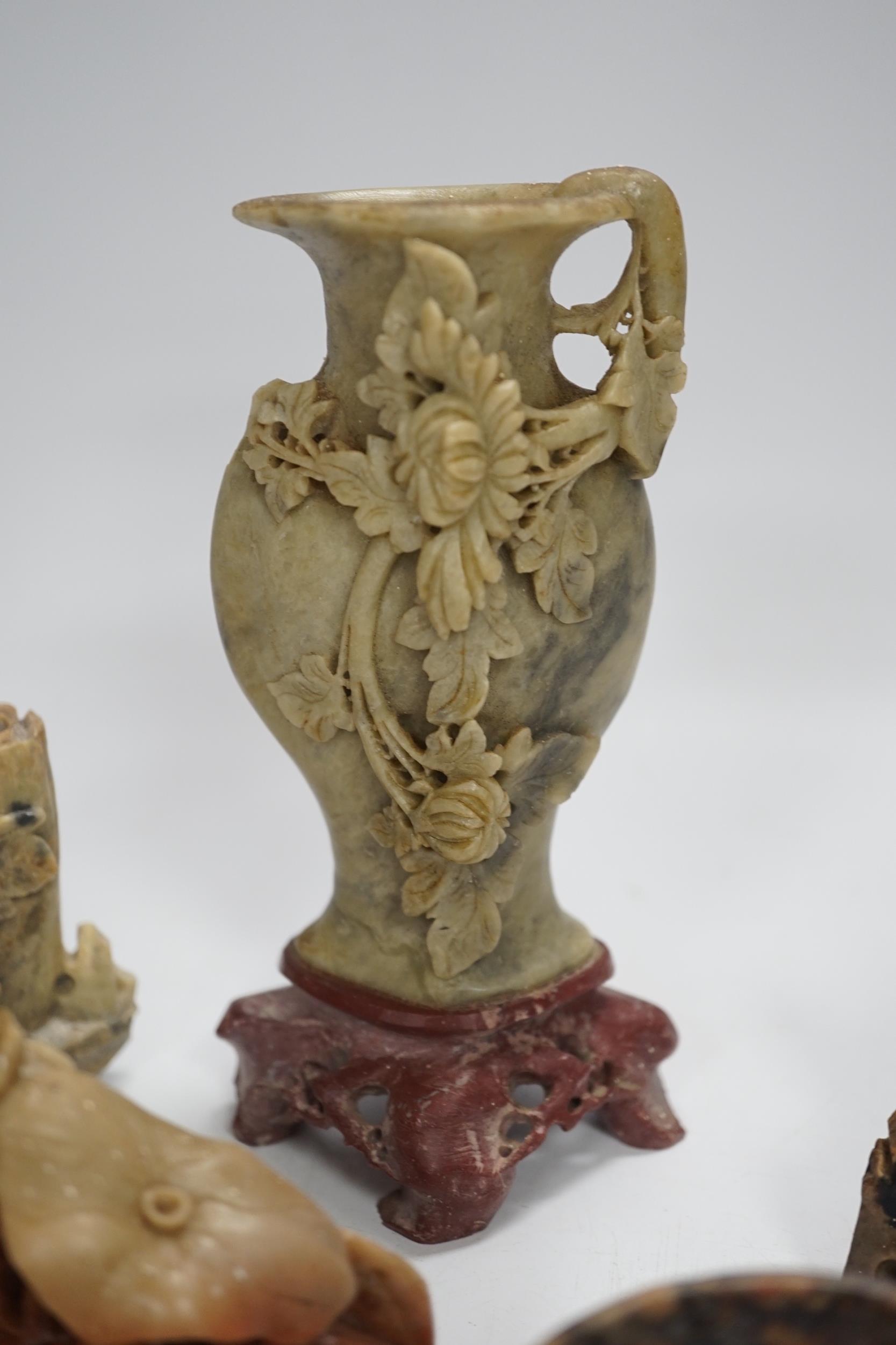 Eight early 20th century Chinese soapstone brushwashers, vases and carvings, largest 16cm high - Image 4 of 7