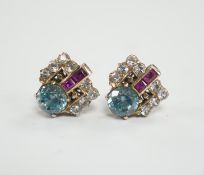 A pair of Art Deco yellow metal, blue zircon and two colour paste set cluster ear studs, 11mm, gross