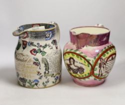 A Victorian ‘Speed the Plough’ jug and a Sunderland and Tyne ‘Grace Darling’ commemorative pink