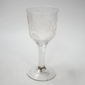 An English lead crystal Jacobite goblet, c.1750-60, bowl of ogee form, engraved with open and one