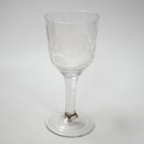 An English lead crystal Jacobite goblet, c.1750-60, bowl of ogee form, engraved with open and one