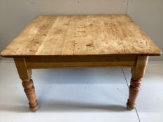 A Victorian rectangular pine kitchen table, fitted drawer, width 119cm, depth 105cm, height 73cm