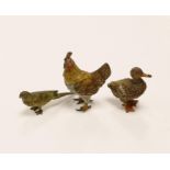 Three Austrian cold painted bronze models of a Duck, a Chicken and a Budgerigar, tallest 3.5cm