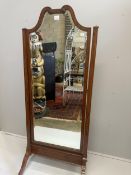 An Edwardian Sheraton revival satinwood cheval mirror, width 71cm, height 172cm