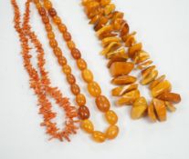 A single strand graduated amber bead necklace, 56cm, gross weight 34 grams, one other amber necklace