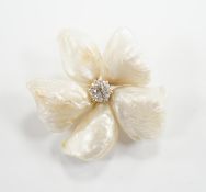 A yellow metal mounted baroque pearl and single stone diamond set flower head brooch, 30mm, gross