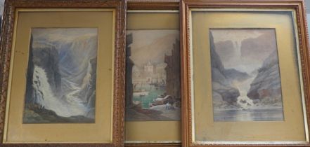 T Hart (19th / 20th. C) set of three watercolours, Waterfalls and Continental harbour scene, each
