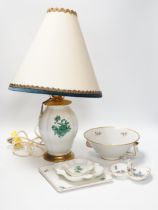 A quantity of ceramics including Herend floral vase and Wein green floral lamp bases etc, largest