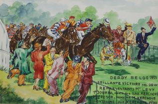 Milo Stuckel, watercolour, The 1939 Belgian Derby, signed and inscribed, 52 x 35cm