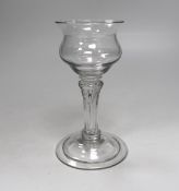 An English lead crystal champagne or sweetmeat glass c.1740, with double ogee bowl, with collar