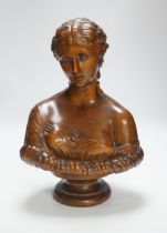 A carved walnut bust of Clytie, possibly Italian, 35cm high