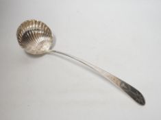 A George III Irish engraved silver soup ladle, John Shiels?, Dublin, 1793, 36cm, with fluted bowl,