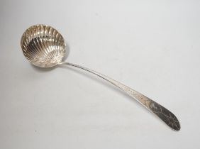 A George III Irish engraved silver soup ladle, John Shiels?, Dublin, 1793, 36cm, with fluted bowl,