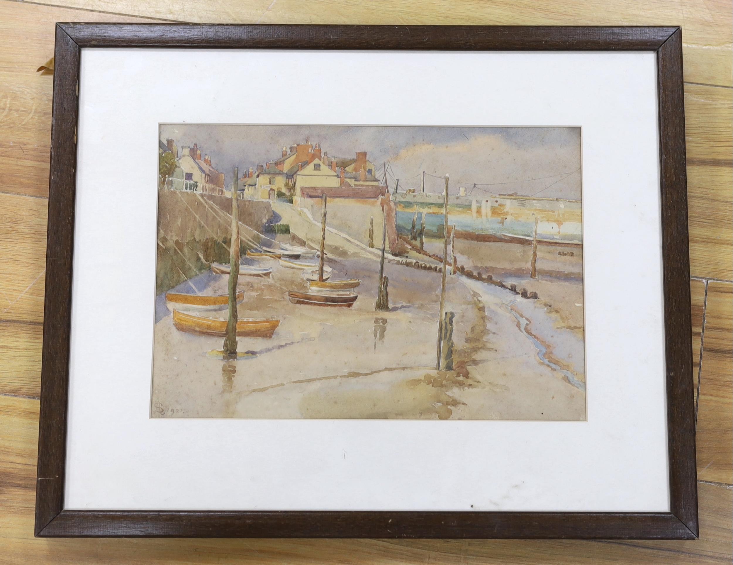 Arthur Suker (1857-1902), watercolour, Fishing village at low tide, monogrammed and dated 1921, 23 x - Image 2 of 3