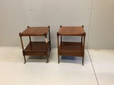 A pair of reproduction mahogany two tier occasional tables, width 45cm, depth 45cm, height 61cm