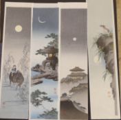 Shoda Koho (1871-1946), four unmounted woodblock prints, tanzaku format, boy and ox in moonlight,