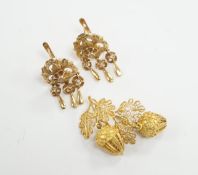 A pair of yellow metal 23mm filigree ‘acorn’ drop earrings and a pair of yellow metal and diamond