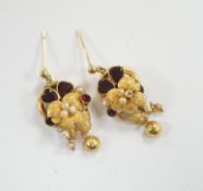 A pair of Victorian yellow metal, garnet and pearl set drop earrings, of foliate form, 31mm (