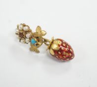 A single antique yellow metal, citrine?, turquoise, seed pearl and enamelled 'strawberry' drop
