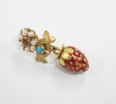 A single antique yellow metal, citrine?, turquoise, seed pearl and enamelled 'strawberry' drop