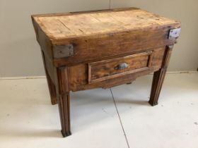 A 19th century French pine and fruitwood butchers block, (evidence of worm, may need treating) width