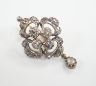 A single antique white and yellow metal and rose cut diamond set drop earring, 34mm, gross weight