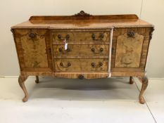 A Queen Anne revival walnut and simulated walnut breakfront sideboard, width 150cm, depth 53cm,